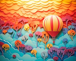 Fototapeta na wymiar Hot air balloons sunrise paper cut pastel sky paper cut paper art minimal cute
