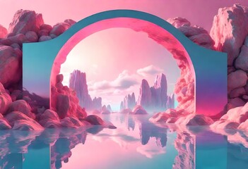3d render, abstract panoramic background. Fantastic landscape with water, rocks, mirror arch, neon...