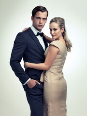 Couple, studio and portrait with luxury, vintage and fashion for rich retro romance. Man, woman and...