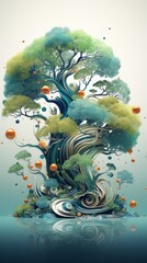 A digital art piece featuring a large, whimsical tree with its roots and branches swirling into water, surrounded by floating orbs.