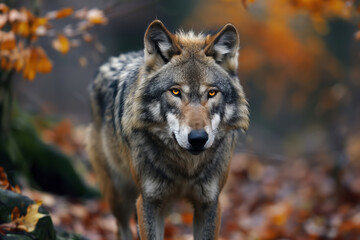 A wolf stands confidently in the midst of a dense forest, surrounded by towering trees and a carpet of fallen leaves