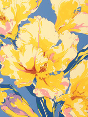 Abstract expressive artwork of flower. Yellow iris. Colorful paint stains. Floral gouache or acrylic painting. Explosion and splash of colors. Illustration for poster, notebook cover. Generative AI