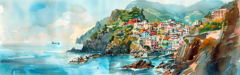 A watercolor painting depicting a bustling city situated along the rugged coastline of Cinque Terre. The city is surrounded by colorful buildings with the ocean in the background. - obrazy, fototapety, plakaty