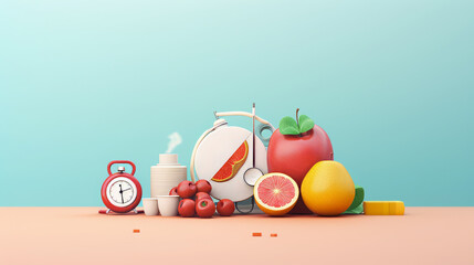 Morning routine still life with alarm clock, coffee, and fresh fruit on a pastel background. 3D render with place for text. Daily health and breakfast concept for design and print - obrazy, fototapety, plakaty