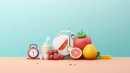 Fotobehang Morning routine still life with alarm clock, coffee, and fresh fruit on a pastel background. 3D render with place for text. Daily health and breakfast concept for design and print © Truprint