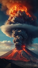 Burning volcano with ash clouds above it