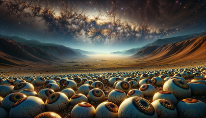 Galactic Watchers: Eyeballs Amidst the Dunes Under Starry Skies - obrazy, fototapety, plakaty