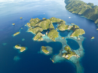 Fototapeta na wymiar Beautiful limestone islands rise from Raja Ampat's tropical seascape. This region of Indonesia is known as the heart of the Coral Triangle due to the extraordinary marine biodiversity found there.