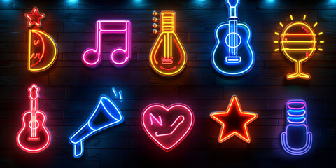Simple vector graphic of neon karaoke club and stand up comedy show icons set, isolated on black background.