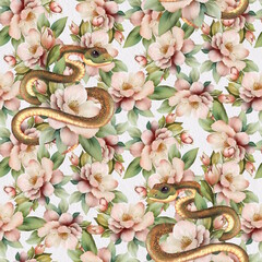 Floral seamless pattern with snakes. Serpent with flowers and leaves. Floral background. - 762404458