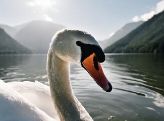 White swan swimming on the lake