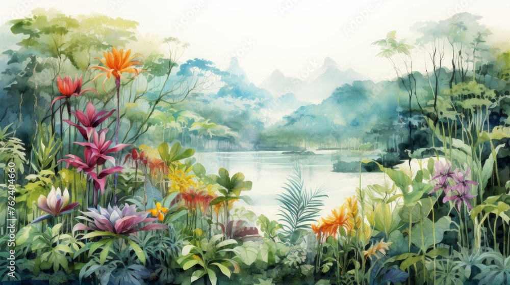Poster generative ai lush rainforests teeming with diverse flora. aquarelle