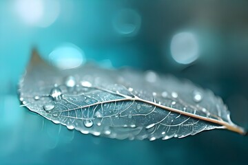 White transparent skeleton leaf with beautiful texture on a turquoise abstract background on glass with shiny water dew drops and circular bokeh close-up macro. Generative AI