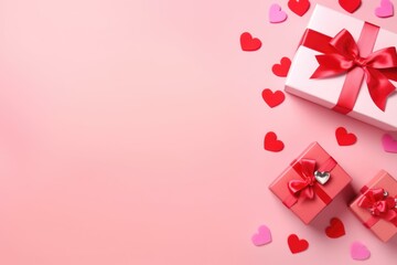 Red Valentine's Day gift boxes with ribbons and scattered hearts on a pink background.