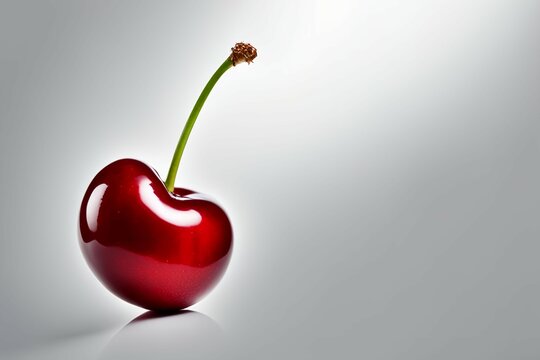 A shiny, red cherry fruit with a long stem, with copy space, blank space for text, single glossy cherryfruit image, cereja, ciliegia, cereza, kirsche, kirschfruit, cerisefruit, image, stock photo,