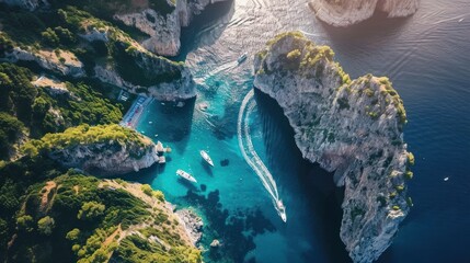 Beautiful aerial view of Capri island, with boat trails on the water