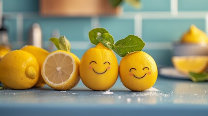 Smiling Lemons With Drawn Faces on a Kitchen Counter During Daytime