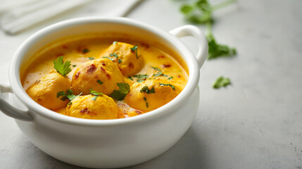 Punjabi Karii Pakora or Curry Pakora, Indian cuisine served in a white ceramic bowl on a light grey background