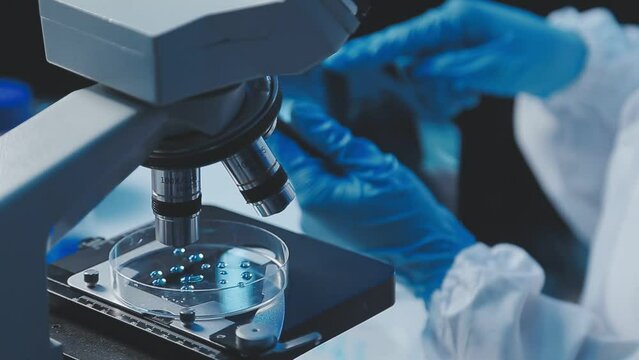 Young scientists conducting research investigations in a medical laboratory, a researcher in the foreground is using a microscope