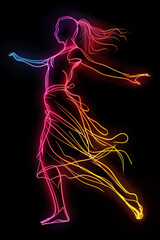 Simple vector graphic of neon woman dancing isolated on black background.