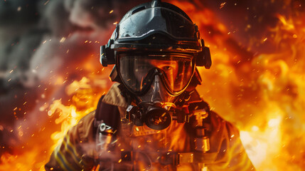A close-up shot of a firefighter in full gear with a reflective visor, standing against an intense backdrop of flames and smoke, highlighting the bravery of first responders.