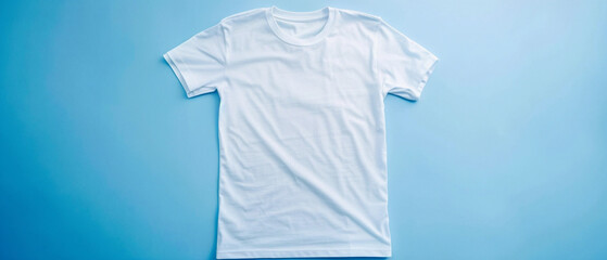 Basic white T-shirt laying flat on smooth surface, simple and clean design, minimalistic fashion statement.