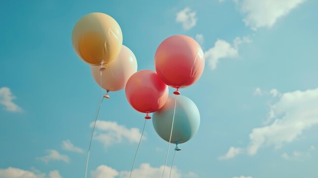 Colorful Balloons Adrift in Blue Sky, cluster of vibrant balloons soars freely into a serene blue sky, symbolizing joy, celebration, and the lightness of being, set against a backdrop of soft, fluffy 
