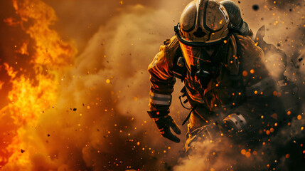 A firefighter charges through a fiery landscape, engulfed in sparks and debris, epitomizing the extreme conditions firefighters face during operations.
