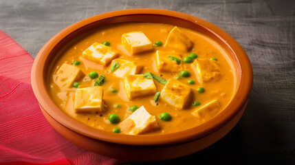 Shahi Paneer Curry with Green Peas in Flat Bowl on Grey Background