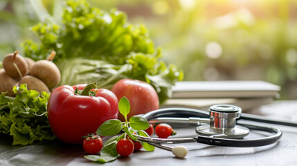 Fresh vegetables with stethoscope on wooden table in natural light. Conceptual image of healthy eating for a healthy lifestyle, preventative medicine, and nutrition. Diet and wellness in healthcare