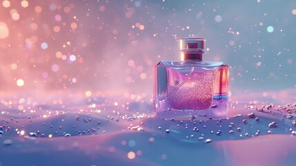 glass perfume bottle on purple pink rainbow background with sparkling particles - obrazy, fototapety, plakaty
