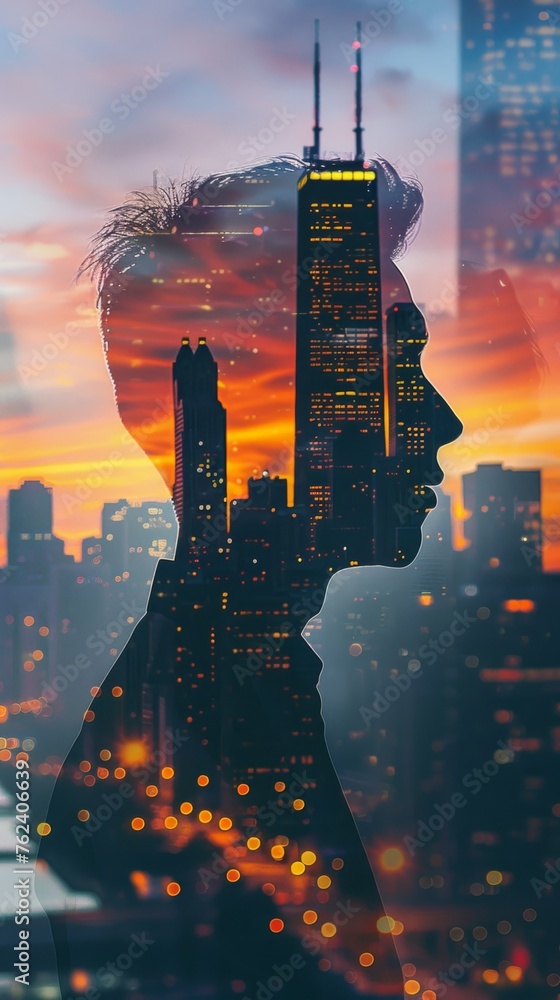 Poster a mans face is superimposed over a cityscape background, creating a striking double exposure effect.