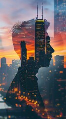 A mans face is superimposed over a cityscape background, creating a striking double exposure effect. The mans features are visible against the tall buildings and urban skyline in the backdrop. - obrazy, fototapety, plakaty