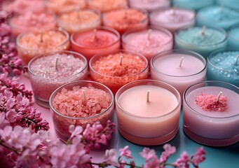 Obraz na płótnie Canvas An Array of Scented Candles Surrounded by Blooming Spring Flowers. Colorful Scented Candles and Bath Salts for a Relaxing At-Home Spa Experience