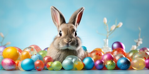 Fototapeta na wymiar Easter bunny with eggs on a festive Easter background. Generative AI