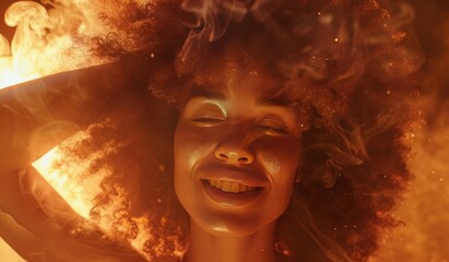Radiant Joy in Golden Hues, woman's beaming smile emanates warmth, her afro bathed in golden light that evokes a sense of joy and vivacity