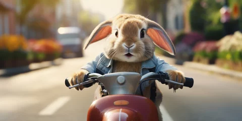 Schilderijen op glas Cool Easter bunny on a motorcycle, Happy Easter holiday concept © 22_monkeyzzz