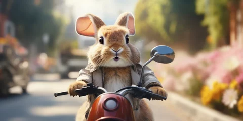 Selbstklebende Fototapeten Cool Easter bunny on a motorcycle, Happy Easter holiday concept © 22_monkeyzzz