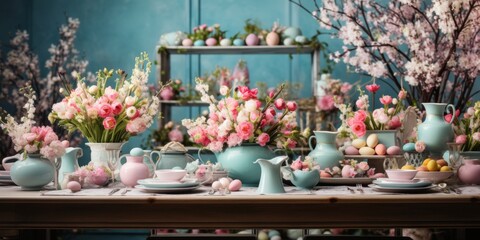 Festively decorated table for Easter with eggs and flowers