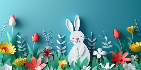 Fototapeta na wymiar Cute Easter bunny and eggs cut from colored paper with flowers. Generative AI