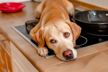 The dog lies on the kitchen stove near the frying pan. Sad look, top view