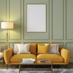 Bright Yellow Sofa Against Classic Paneled Walls. Vibrant Mustard Couch in Sophisticated Living Room. Sleek Furniture Design and Geometric Paneling