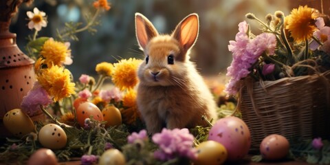 Fototapeta na wymiar Easter bunny with eggs on a festive Easter background. Generative AI