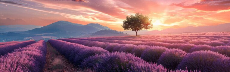 A single tree stands tall amidst a lavender field bathed in the warm hues of a setting sun. The...