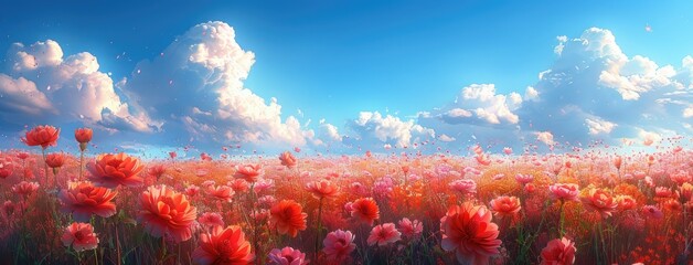 cosmos flowers dancing in a vibrant flower field against a backdrop of serene blue sky, offering ample space for text to convey your message.