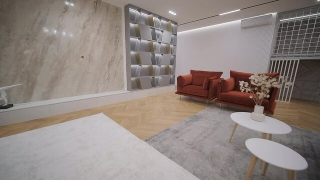 Video of interior room design and decoration modern minimal style living and dining area studio apartment.