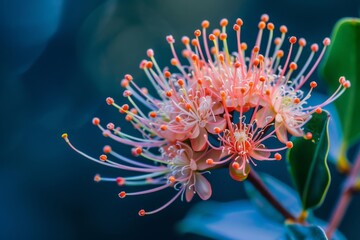 Naklejka na ściany i meble A detailed view of a Hakea flower blooming on a tree branch, showcasing its intricate petals and vibrant colors against the background foliage.