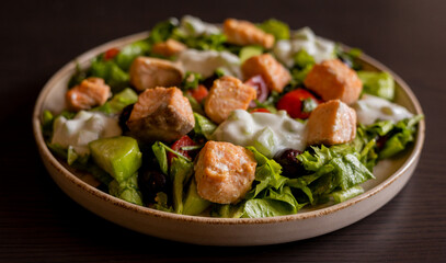 Close-up of a delicious Mediterranean salad featuring pieces of salmon fillet and a dollop of tzatziki sauce, offering a fresh and flavorful dining experience