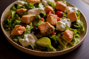 Close-up of a delicious Mediterranean salad featuring pieces of salmon fillet and a dollop of tzatziki sauce, offering a fresh and flavorful dining experience