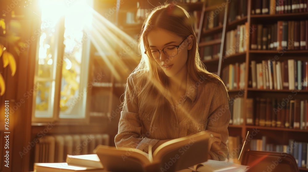 Poster a woman is seated in a library, engrossed in a book. she is surrounded by bookshelves filled with va